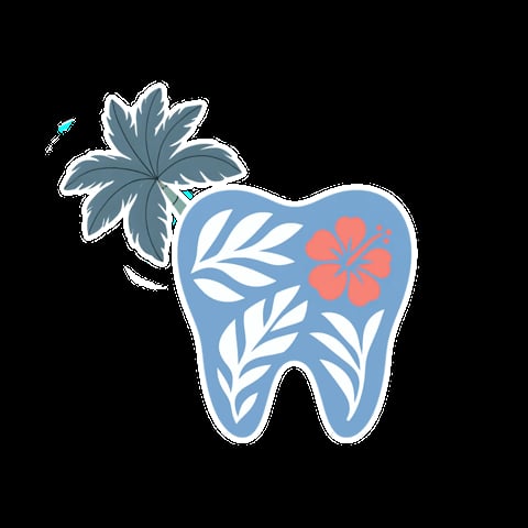 Decorative tooth illustration in blue with white leaf patterns and red flowers, topped with a teal plant